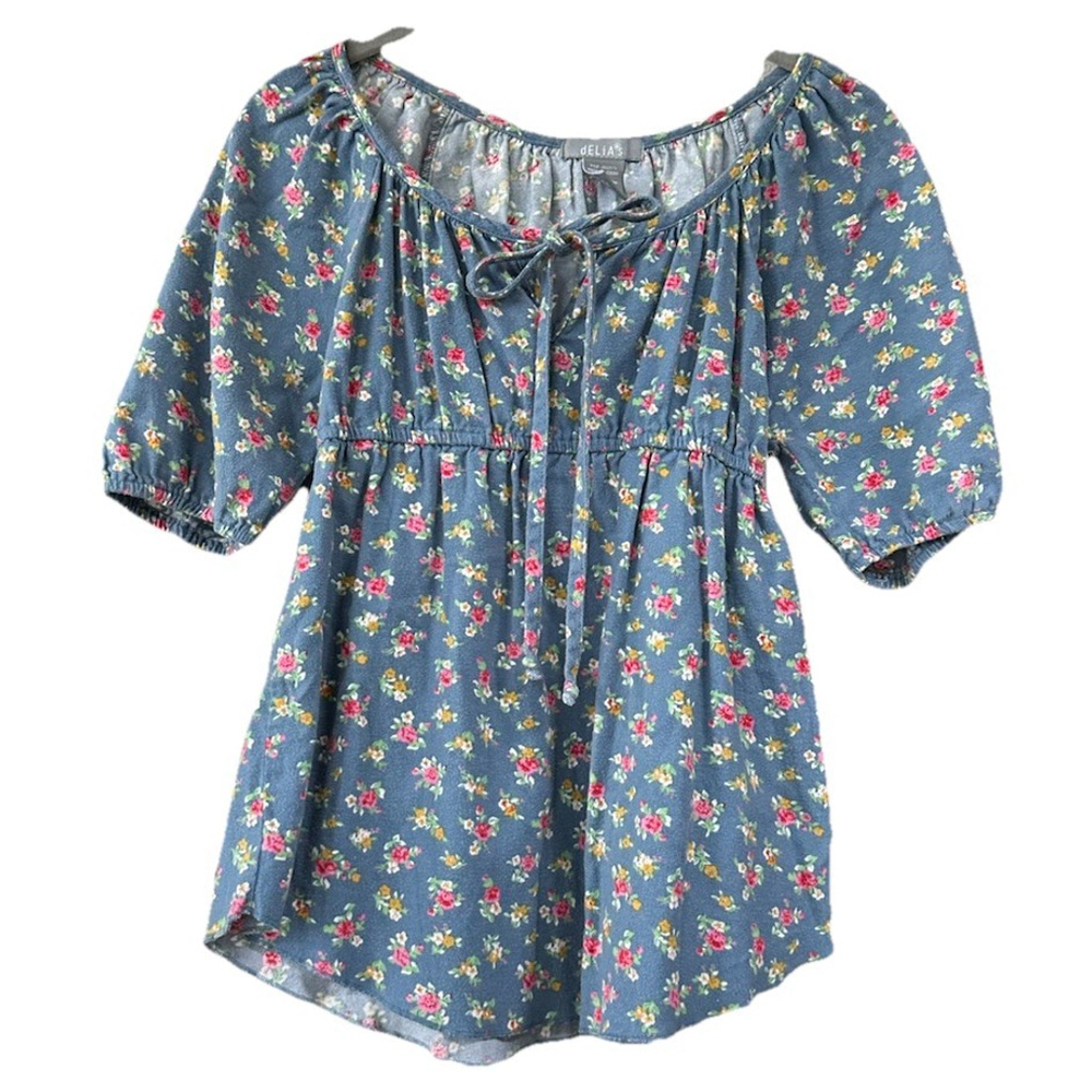 Vintage Delias Babydoll Top Women Small Blue Floral Print Cottagecore Y2K Ties